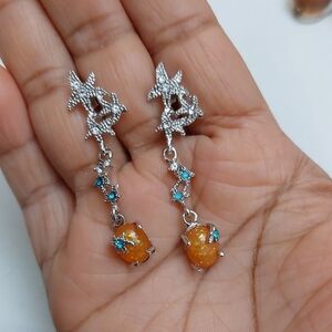Celestial Faux Opal With Clear And Blue Rhinestone Accents Dangle Drop Earrings